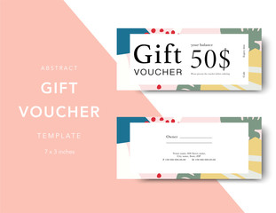 Gift voucher card template. Modern discount coupon for shopping with abstract and floral pattern. Modern fashion background design with information sample text. Coupon template for gift and shopping.