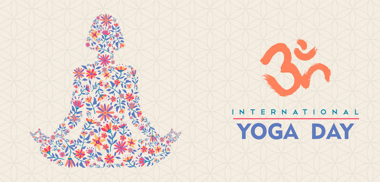 Yoga day banner of floral woman meditating