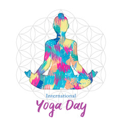 Fototapeta na wymiar Yoga Day card of woman in lotus pose