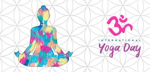 Yoga Day banner of woman in lotus pose - obrazy, fototapety, plakaty