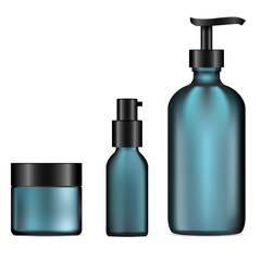Glass Cosmetic Bottle Set. Pump Dispenser, Cream Jar Template Mockup. Facial Concealer, Moisturizer Product. Skin Tonic Packaging. Matt Blue Glass Set. Realistic vector Package.