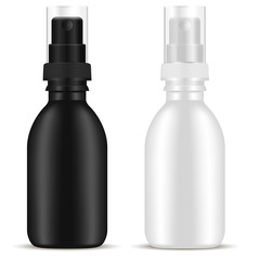 Spray Bottle. Cosmetic Aerosol Package. Black and White Blank Design. Oil, Lotion, Perfume Container Template. Realisitc Cylinder Sprayer. 3d Pump Cosmetic Package. Bath Product Pack.