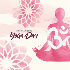 Yoga Day card of pink watercolor woman and flowers