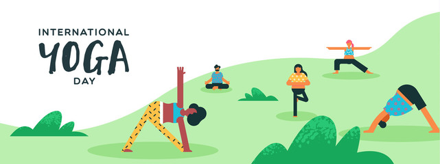 Yoga Day banner of people doing exercise outdoor