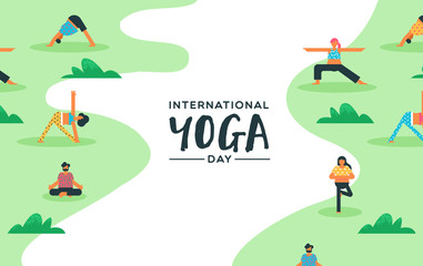 Yoga Day card of diverse people doing meditation