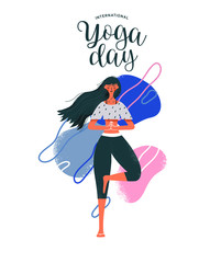 Fototapeta premium Woman doing tree pose exercise for yoga day