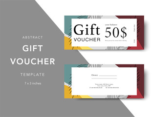 Gift voucher card template. Modern discount coupon for shopping with abstract and floral pattern. Modern fashion background design with information sample text. Coupon template for gift and shopping.