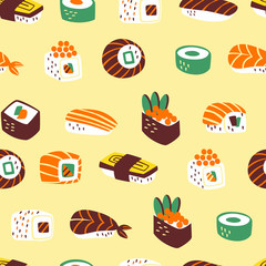 Vector Seamless Pattern with Different Types of Sushi and Rolls.