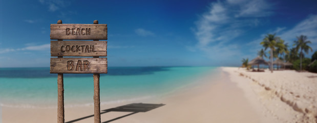Summer Wooden Board Sign with Text, Beach Cocktail Bar At Beautiful Sandy Beach Tropical Island