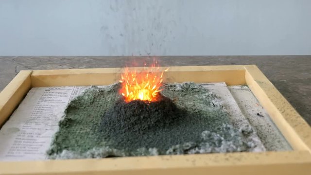 Close-up shot of chemical experiment in lab in School, College. Eruption of ammonium dichromate volcano