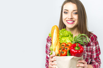 Smiling Happy Woman Enjoying Shopping Supermarket Holding Vegetables in Eco Friendly bag