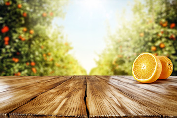 Fresh orange fruits on desk and summer landscape of orange garden with sun light. 