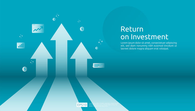 Return on investment ROI, profit opportunity concept. business growth arrows to success. arrow with dollar plant coins, graph and chart increase. business banner flat style vector illustration.