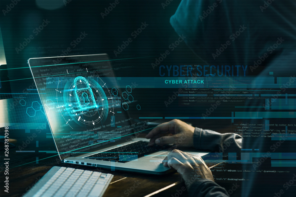 Poster Cyber security concept. Internet crime. Hacker working on a code and network with lock icon on digital interface virtual screen dark digital background.