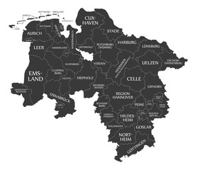 Modern Map - Lower Saxony map of Germany with counties and labels black