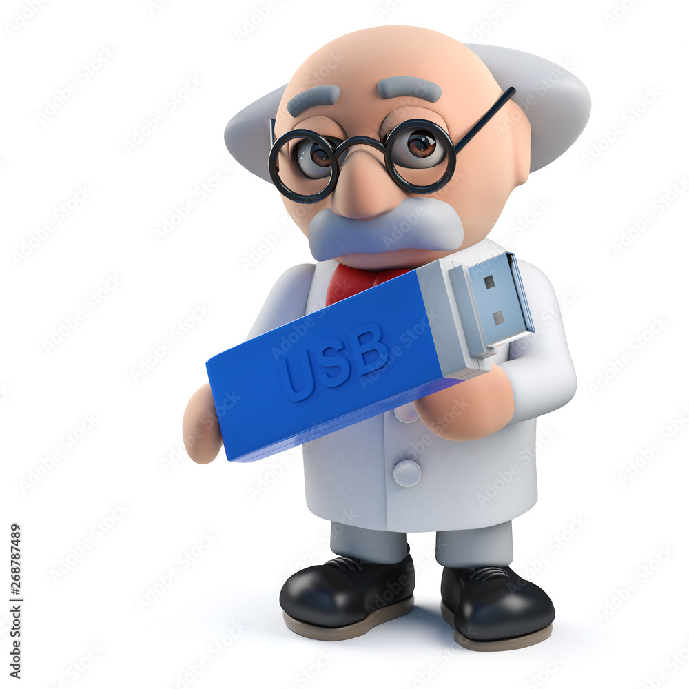 Sticker Mad scientist character holding a usb thumb drive device in 3d