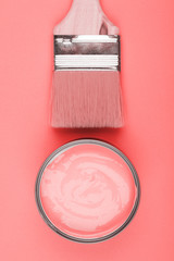 An overhead view of paint coral and paintbrush on colored background