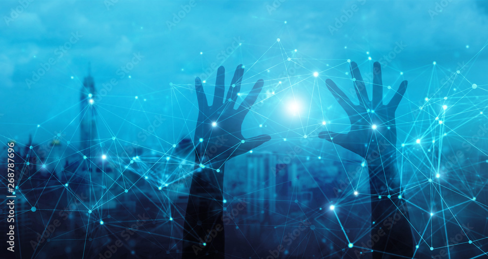 Fototapete Hands of touching global network connection and data exchanges, internet communication on blue city background.