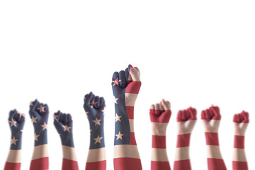 USA national flag pattern on leader's fist isolated (clipping path) on white background for human...