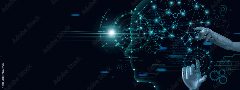 Poster Machine learning. Hand of robot touching on binary data. Futuristic Artificial intelligence (AI). Deep Learning. Brain representing. Algorithm and innovative. Neural Network. Big data visualization..