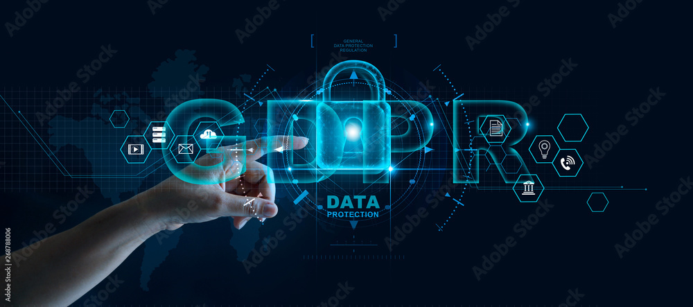 Poster Data protection privacy concept. GDPR. EU. Cyber security network. Business man protecting data personal information on tablet. Padlock icon and internet technology networking connection on digital.