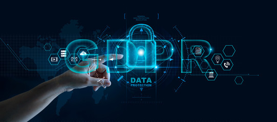 Data protection privacy concept. GDPR. EU. Cyber security network. Business man protecting data personal information on tablet. Padlock icon and internet technology networking connection on digital.