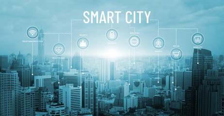 Plakat Smart city with smart services and icons, network connection and augmented reality, internet of things, communication, sunset background.