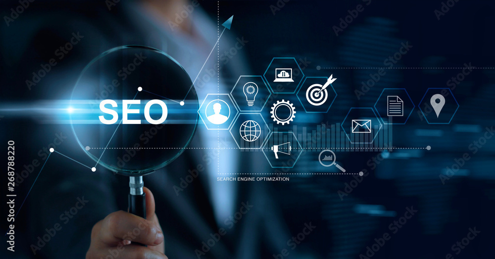 Aufkleber seo search engine optimization marketing concept. businessman with magnifying glass in hand searchin