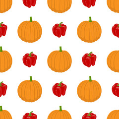 Seamless pattern with fresh pumpkin and bell pepper vegetables. Organic food. Cartoon style. Vector illustration for design, web, wrapping paper, fabric, wallpaper.