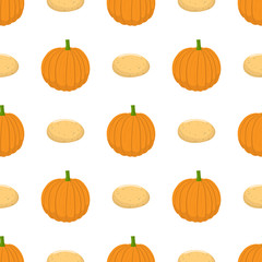 Seamless pattern with fresh pumpkin and potato vegetables. Organic food. Cartoon style. Vector illustration for design, web, wrapping paper, fabric, wallpaper.