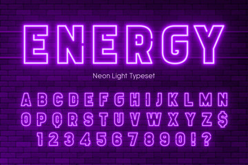 Neon light alphabet, extra glowing font design.