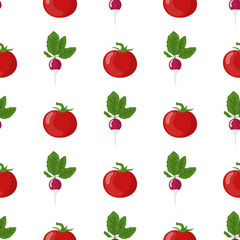 Seamless pattern with fresh radish and tomato vegetables. Organic food. Cartoon style. Vector illustration for design, web, wrapping paper, fabric, wallpaper.