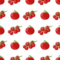 Seamless pattern with fresh tomato and cherry tomato branch vegetables. Organic food. Cartoon style. Vector illustration for design, web, wrapping paper, fabric, wallpaper.