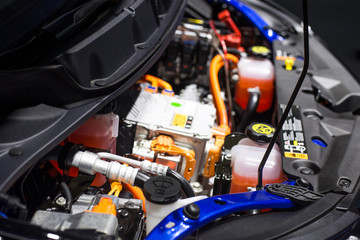 Obraz premium Detail of engine of car. (electric car)