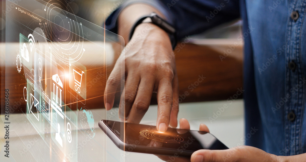 Poster Digital marketing media and mobile payments. Businessman working with mobile smartphone and icon network connection on virtual screen. Online banking. Business and modern technology.