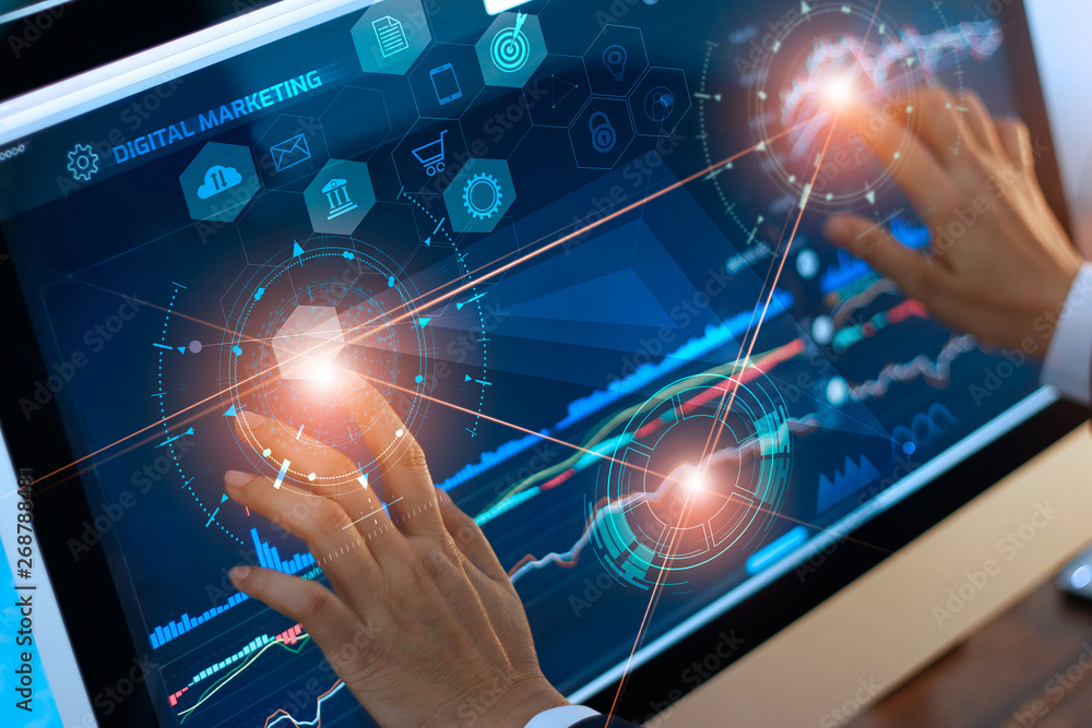 Fototapete Digital marketing. Businessman using touching and drag global structure networking on modern virtual interface payments online shopping. Icon customer network connection. Plan and strategy. 