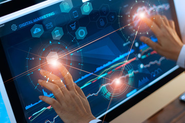 Digital marketing. Businessman using touching and drag global structure networking on modern virtual interface payments online shopping. Icon customer network connection. Plan and strategy. 