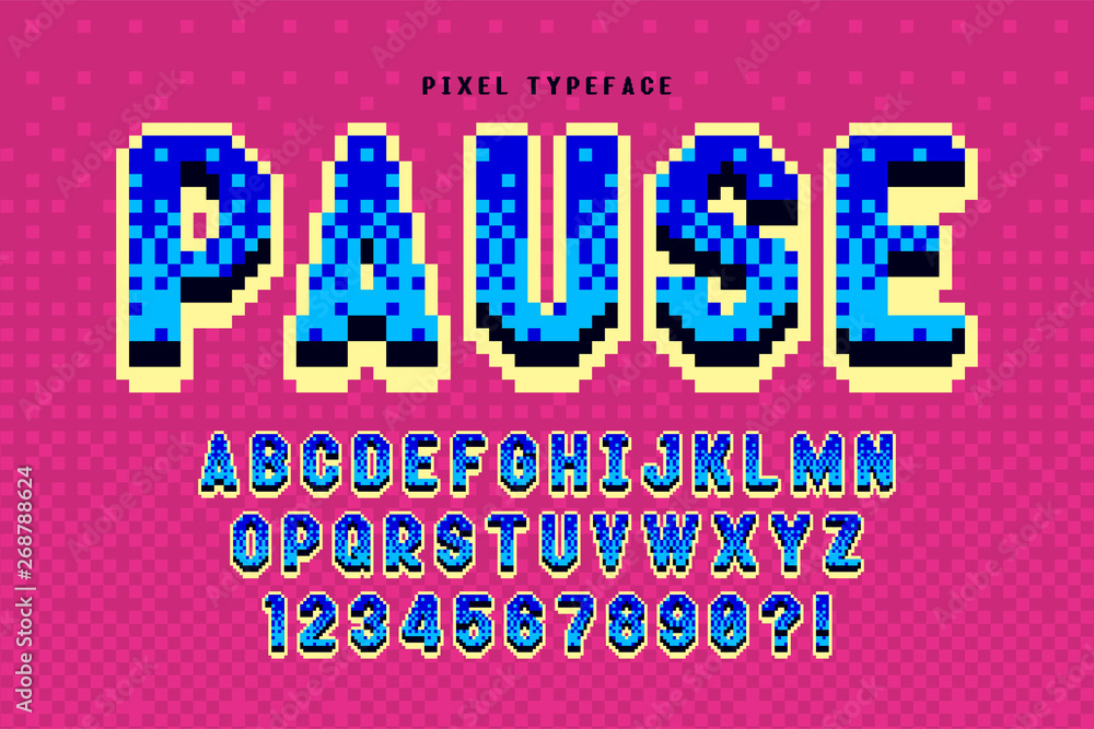 Aufkleber pixel vector font design, stylized like in 8-bit games.