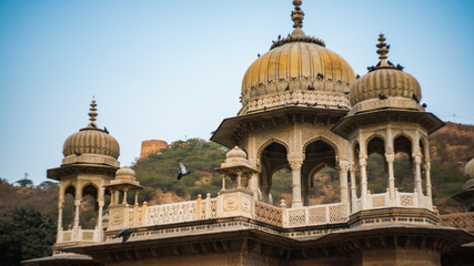Maharaja style intricately carved buildings in Gaitor, Jaipur, India