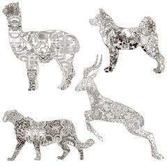 A set of animal symbols of the different countries. Akita - Japan, Asiatic cheetah - Iran, alpaca - Peru, Gairan - Uzbekistan. Decorated with ethnic ornaments.