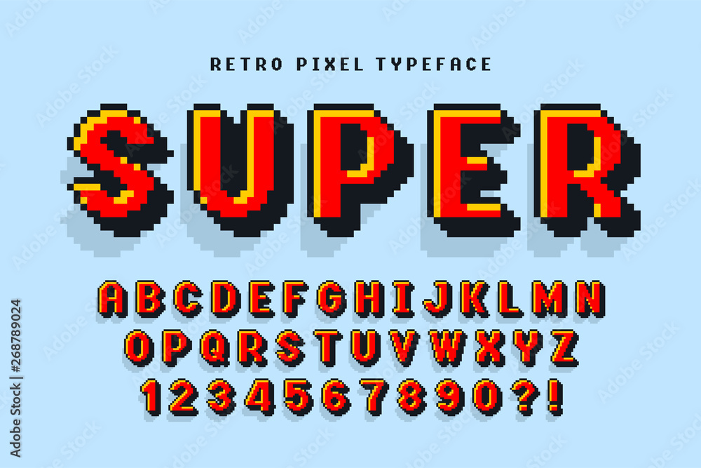 Poster pixel vector font design, stylized like in 8-bit games.