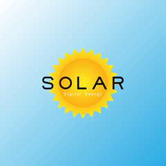 Solar logo. Sun with text Solar Digital Energy on blue gradient background