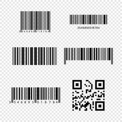 Set of realistic barcode icons isolated on transparent background. Bar code icons