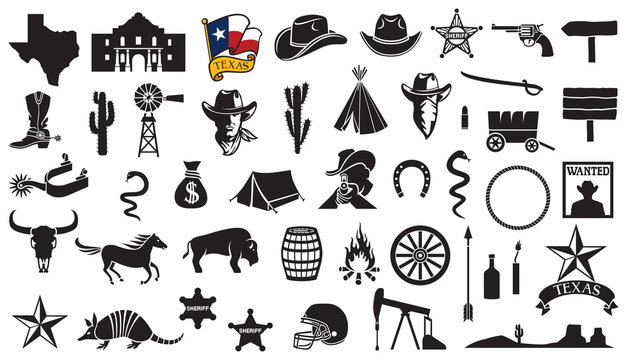  Texas vector icons set (flag, the Battle of the Alamo design, map, spurs, cowboy head, horse, gun, arrow, cactus, sheriff star, hat, boot, horseshoe, football helmet, oil pump jack, bull skull)