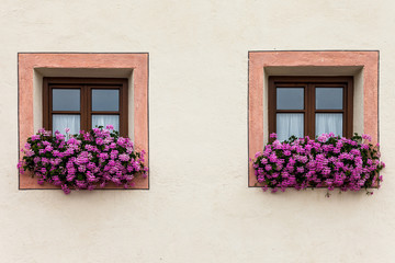 Fototapeta na wymiar Detail of a traditional old balcony with red geraniums from an old house in St. Magdalena in Val di Funes