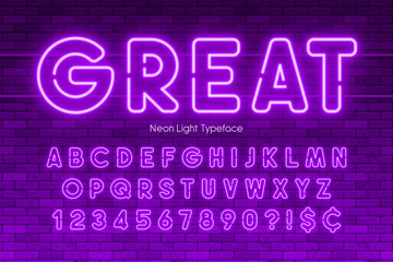 Fototapeta na wymiar Neon light alphabet, numbers, extra glowing font