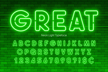 Fototapeta premium Neon light alphabet, numbers, extra glowing font