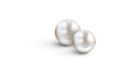 Two white pearls on white background - Nacreous pearls isolated with copy space