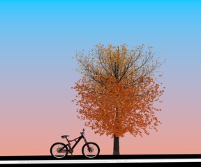 Fototapeta na wymiar Cycle on black white Road Beside Tree 3D Render - Illustration