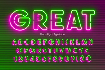 Neon light alphabet, multicolored extra glowing font.